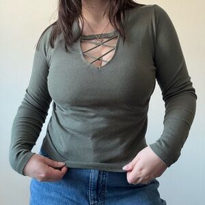 Olive Green Long Sleeve Top with Crisscross Detail
